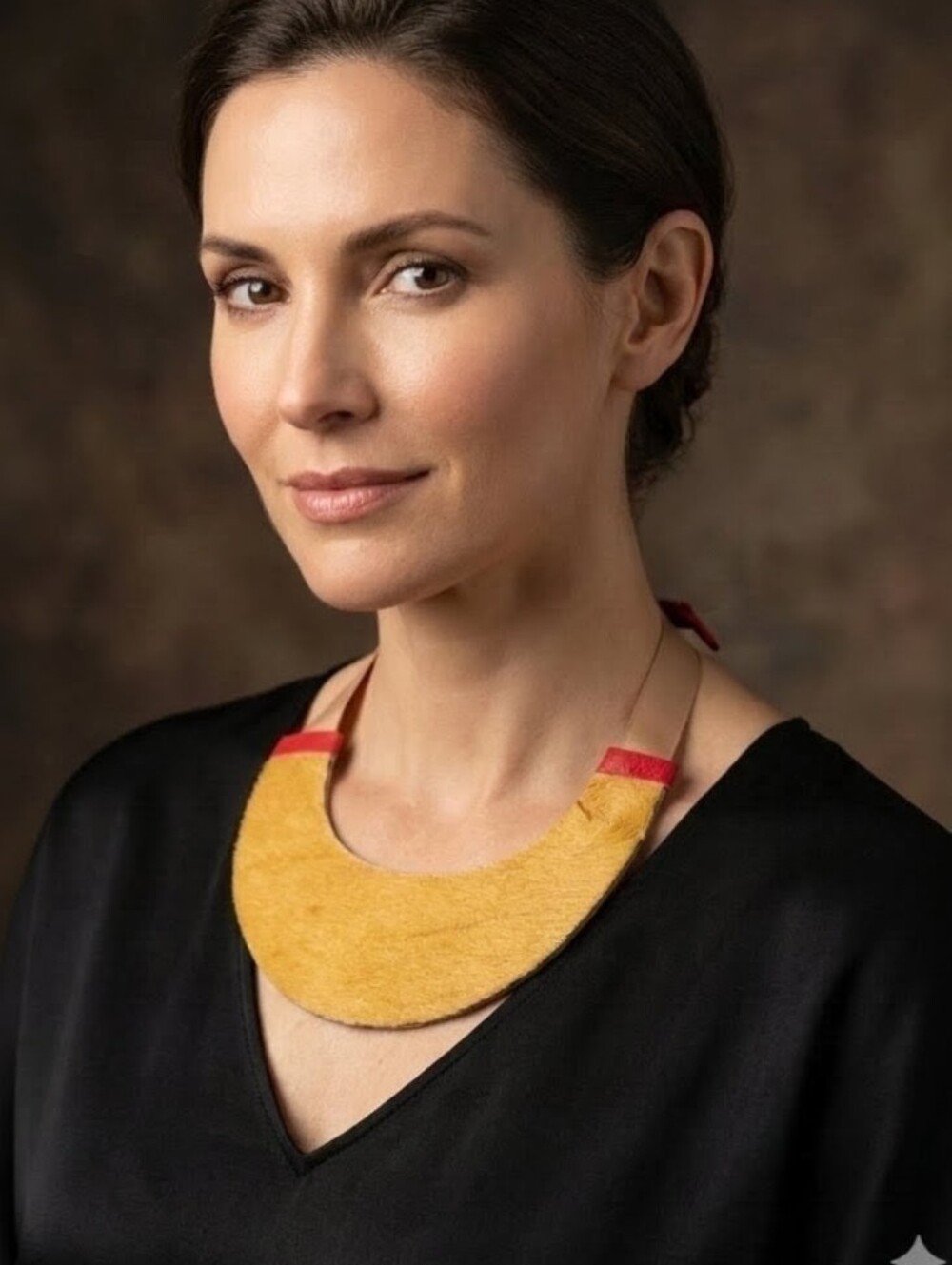 Genuine Leather Handmade Haircalf Bib Necklace Tan Ribbon Tie Gold
